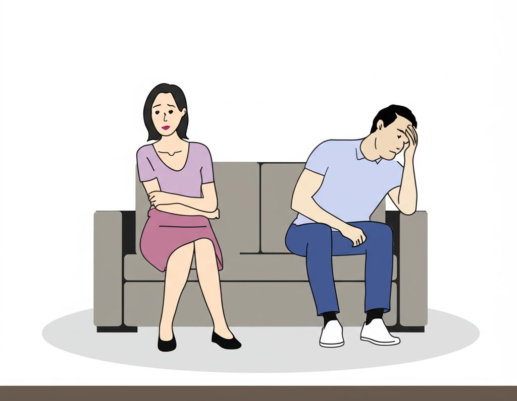 Illustration of a stressed middle-aged couple sitting far apart on a sofa, looking tired