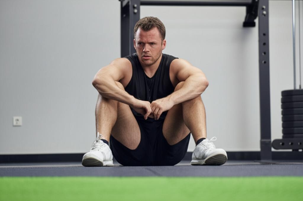 Man sitting exhausted on gym floor after workout, looking frustrated, sweat dripping, low energy