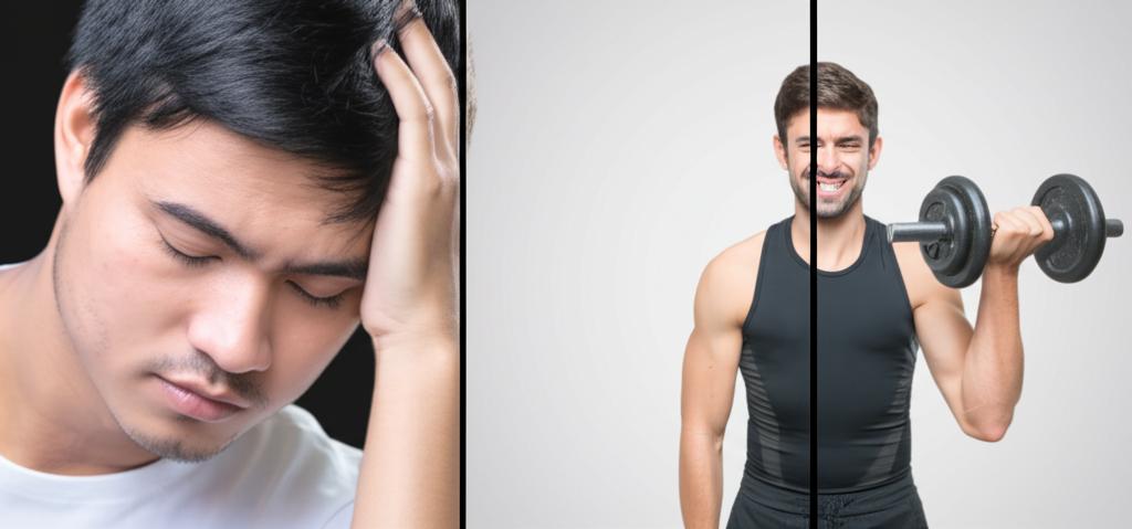 Split image showing a man looking tired and slumped on one side, and the same man looking energetic and smiling while lifting weights on the other side