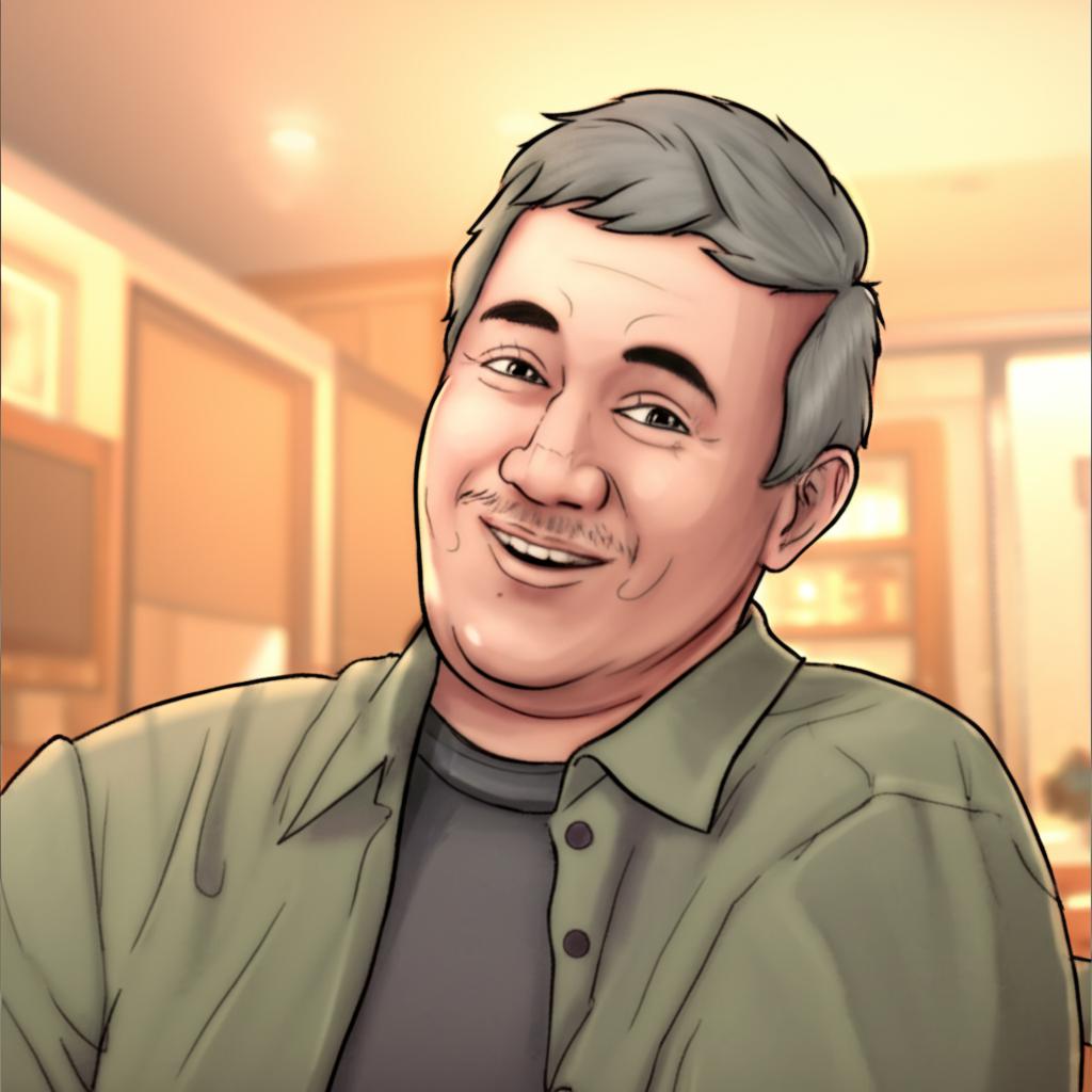 Middle-aged man smiling confidently, perhaps in a relaxed home setting, illustration style, warm tones
