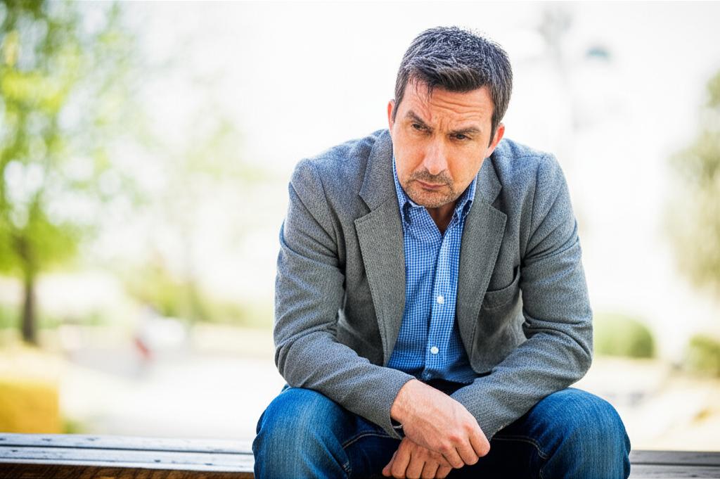 Middle-aged man sitting alone looking thoughtful and slightly discouraged, contemplating past and present vitality levels