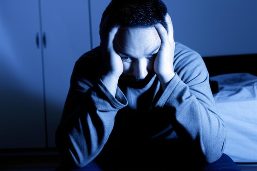 A man looking tired and frustrated while sitting on the edge of a bed at night, holding his head.