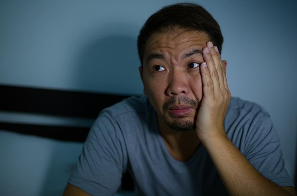 AI prompt: Realistic photo of a tired middle-aged man in Singapore looking frustrated in bed at night, unable to sleep due to frequent urination, soft focus on the background