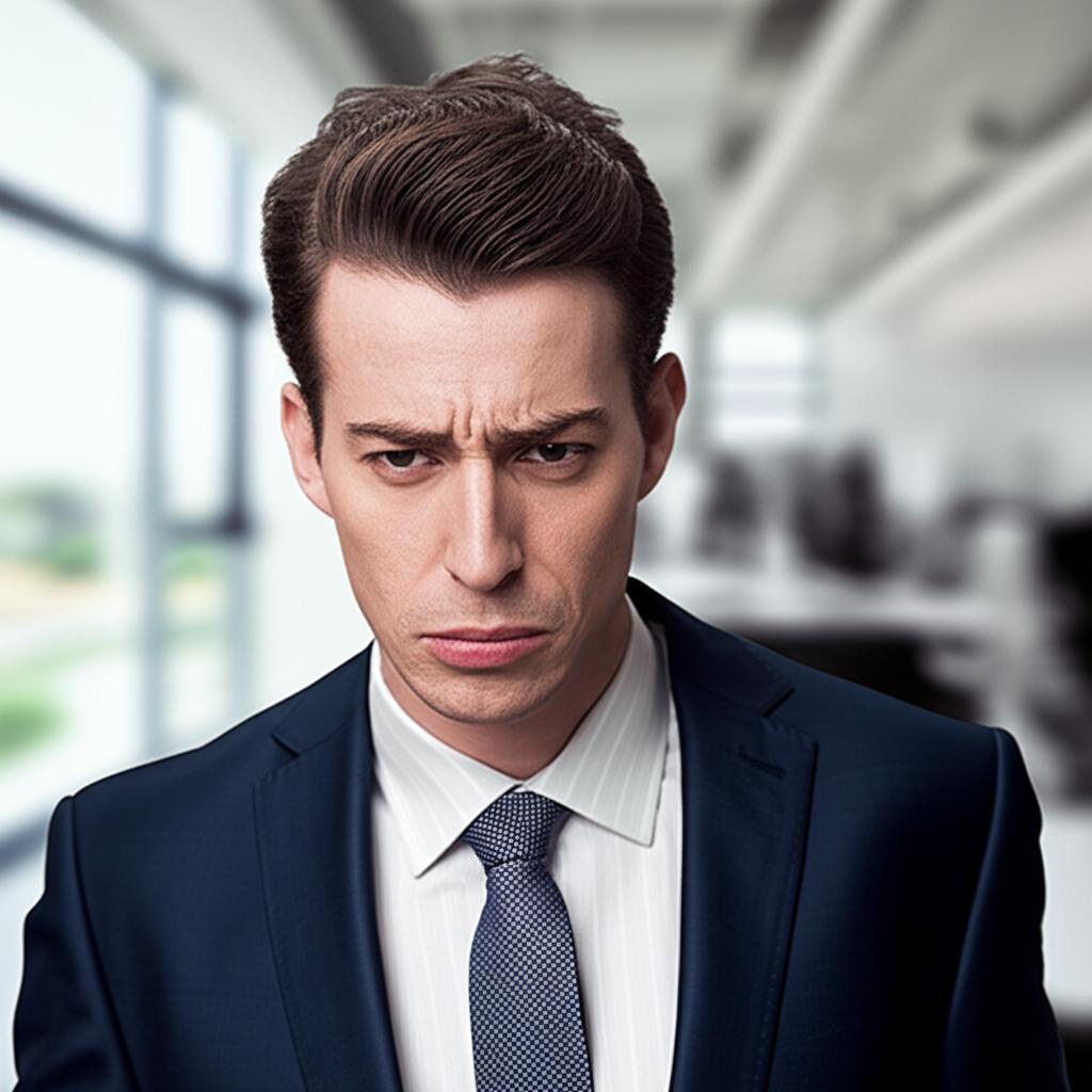 AI prompt: Man in office attire looking slightly uncomfortable, subtle visual hint of urinary discomfort, blurred office background, realistic style
