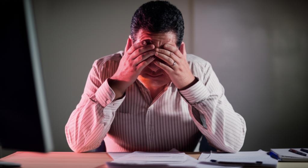 A middle-aged man looking tired and stressed at his desk, rubbing his eyes.