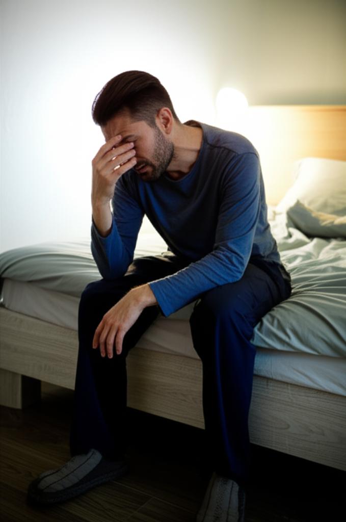 Man sitting on bed looking tired after intimacy, feeling depleted and questioning his health
