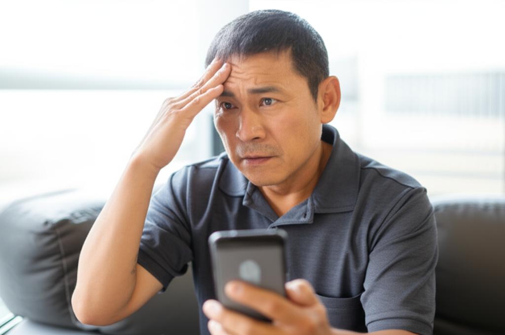 Middle-aged Asian man looking frustrated or thoughtful, sitting alone, maybe looking at a phone or into the distance, conveying worry about performance.