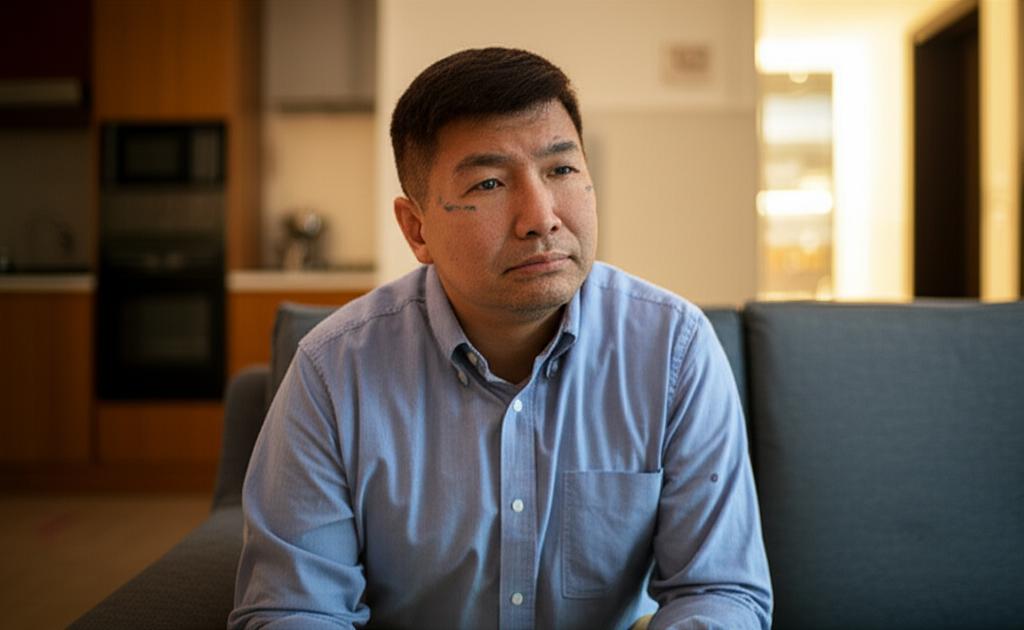 Prompt for AI image: A man sitting on a sofa looking thoughtful and slightly weary, perhaps with a subtle hint of concern, in a modern, comfortable Singaporean home setting. Soft, warm lighting.