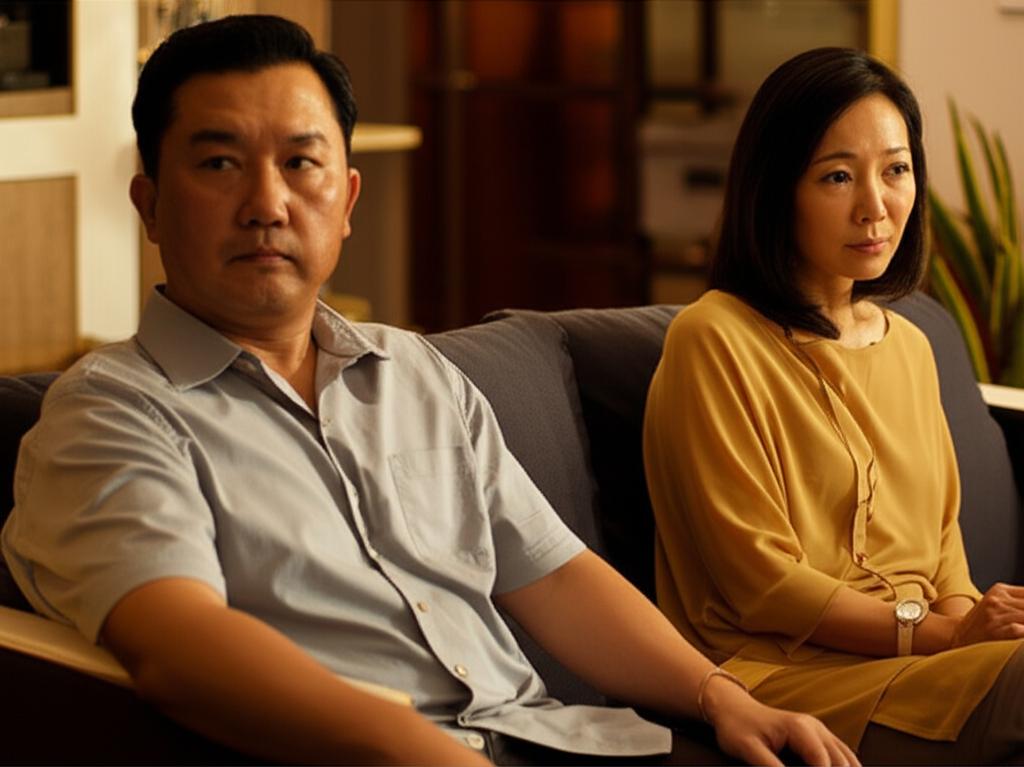 AI prompt: Middle-aged Asian couple sitting on a sofa looking slightly distant, man looking thoughtful, warm evening light, Singapore apartment setting, realistic photo