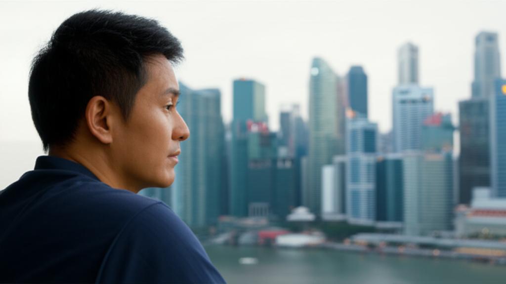 AI prompt: A thoughtful middle-aged Asian man looking out over the Singapore skyline at dusk, contemplating life and health, realistic photo