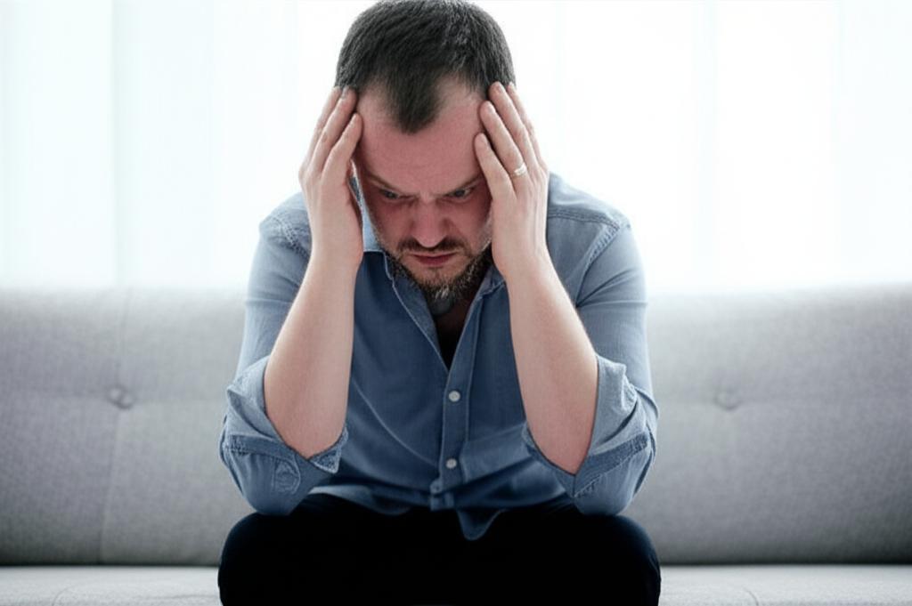 Man sitting on sofa, looking frustrated, holding his head, slightly blurry vision effect