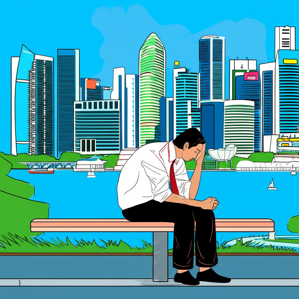 Man sitting on a bench looking stressed, city skyline in background, Singapore style