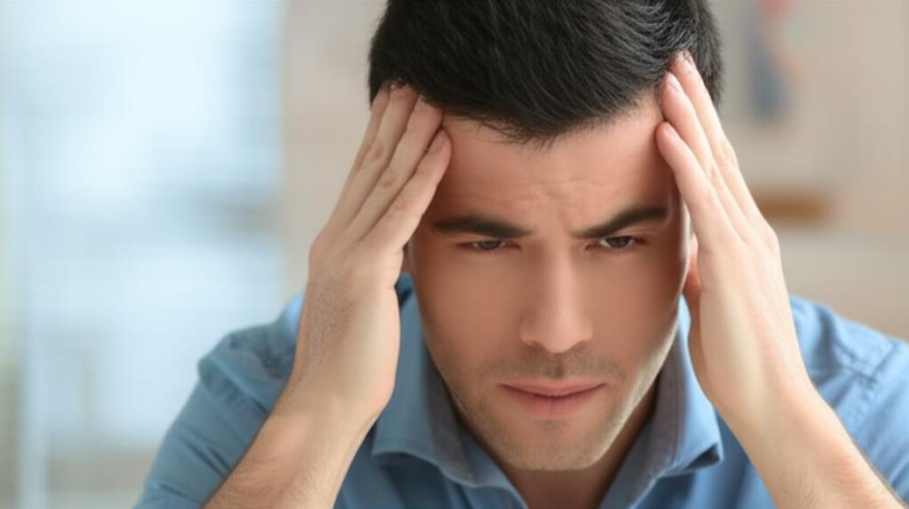 Man holding his head, looking uncomfortable, with blurred background representing headache and dizziness side effects after taking a pill for performance.