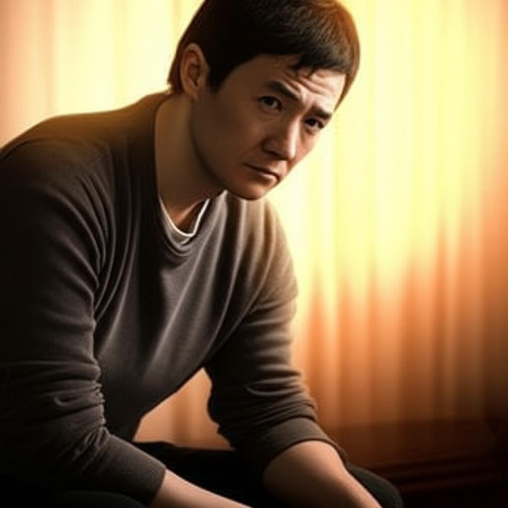 A man sitting thoughtfully, looking slightly concerned about his health, perhaps experiencing discomfort. Warm, soft lighting. AI art prompt: 