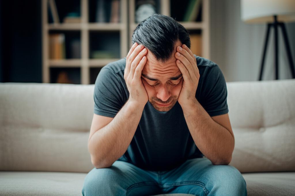 A man sitting on a sofa looking tired and stressed, holding his head in his hands, realistic photo