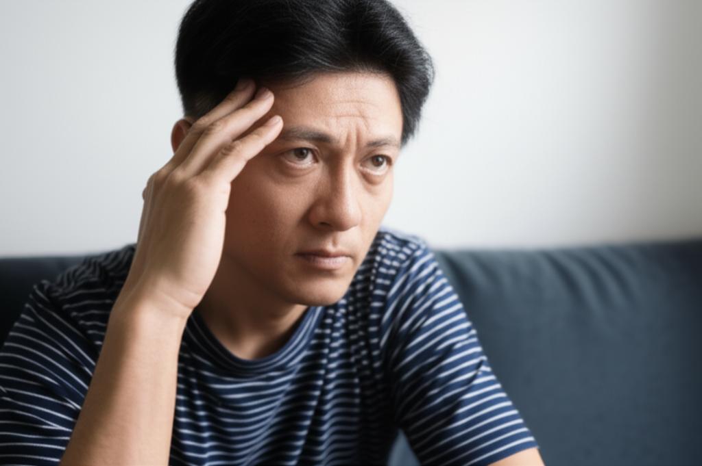 AI prompt: Realistic image of a middle-aged Asian man looking tired and thoughtful, sitting on a sofa, perhaps holding his head slightly. Soft, slightly muted lighting. Focus on conveying fatigue and concern.