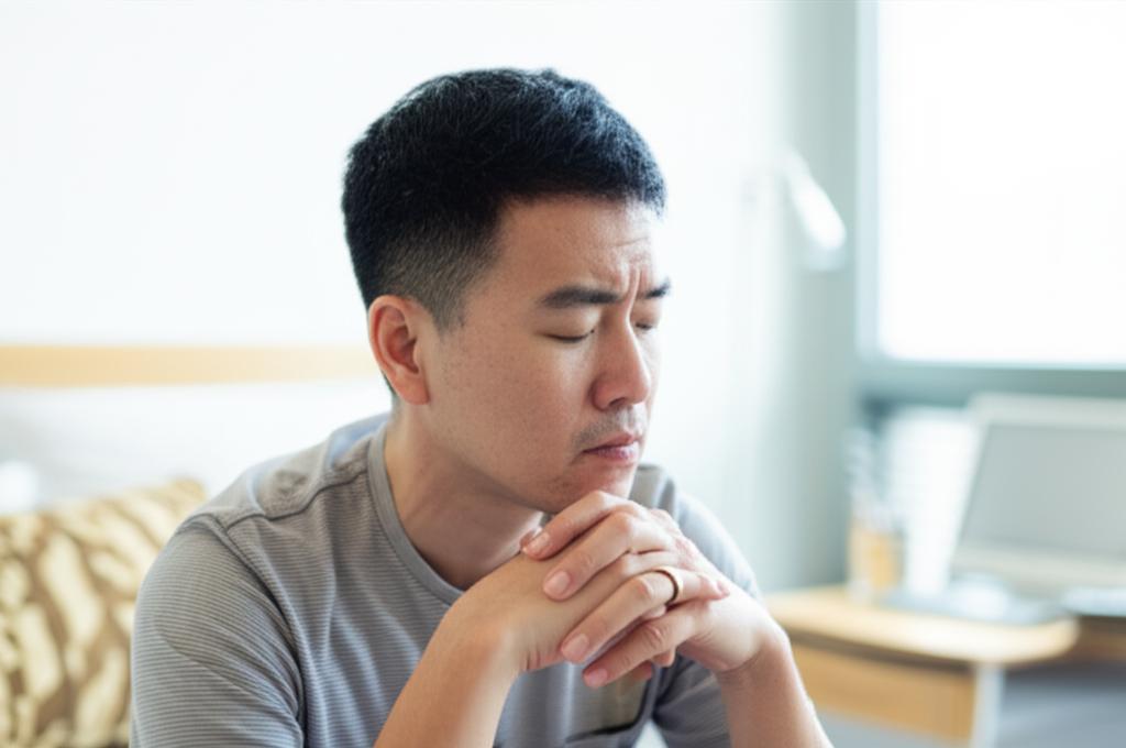 AI prompt: A thoughtful Asian man in his 30s or 40s looking slightly concerned while sitting in a modern, clean bedroom setting, perhaps looking out a window or at his hands, representing introspection about personal health and performance. Soft, natural light.
