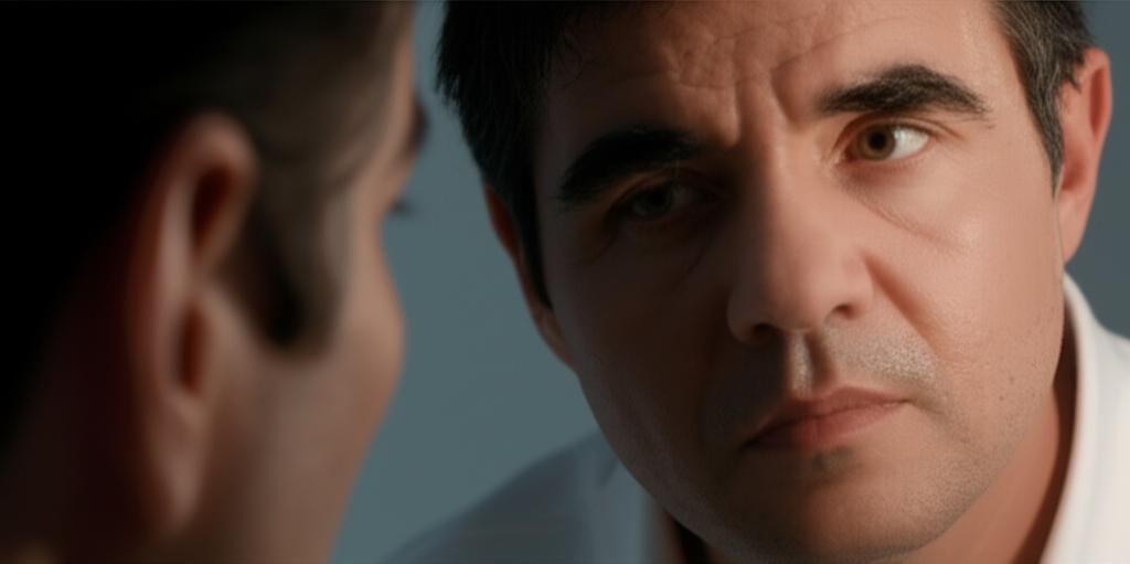 Middle-aged man looking thoughtful or slightly worried, perhaps looking in a mirror, illustrating common concerns about aging and vitality.