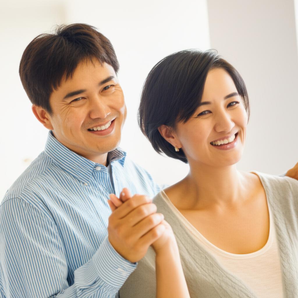 Happy middle-aged Asian couple smiling and holding hands, looking relaxed and connected