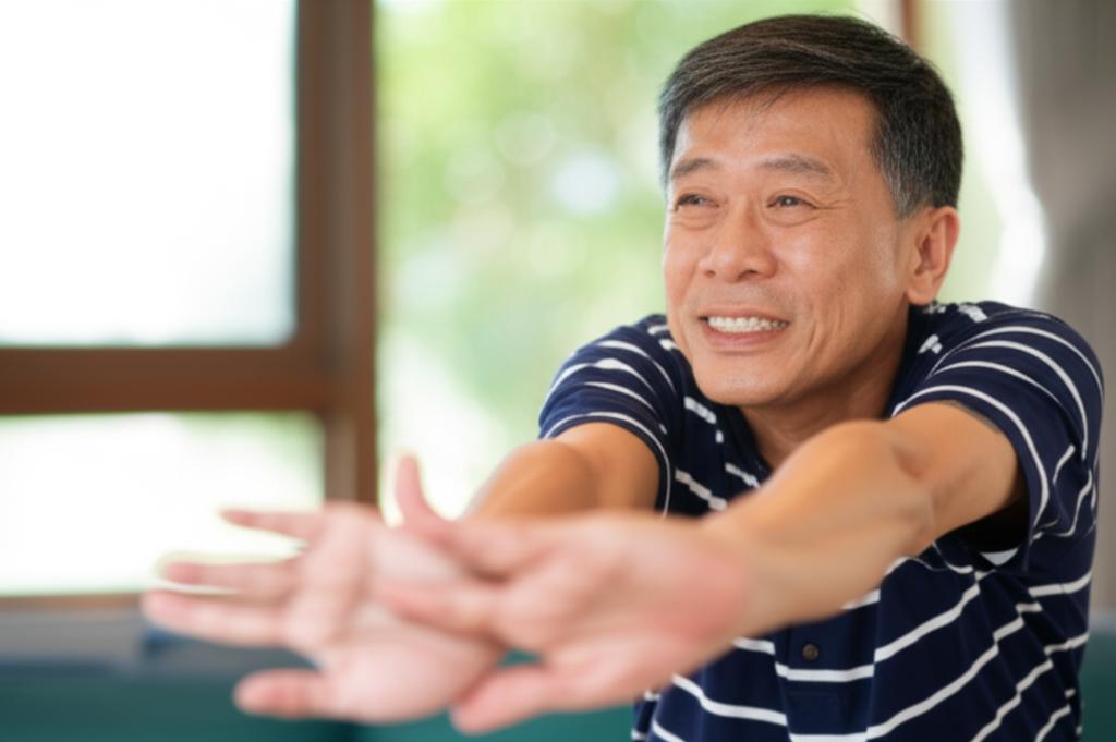 AI prompt: Middle-aged Asian man in Singapore, looking relaxed and happy, possibly doing a light stretch after sitting, with a sense of relief. Soft lighting. Realistic style.