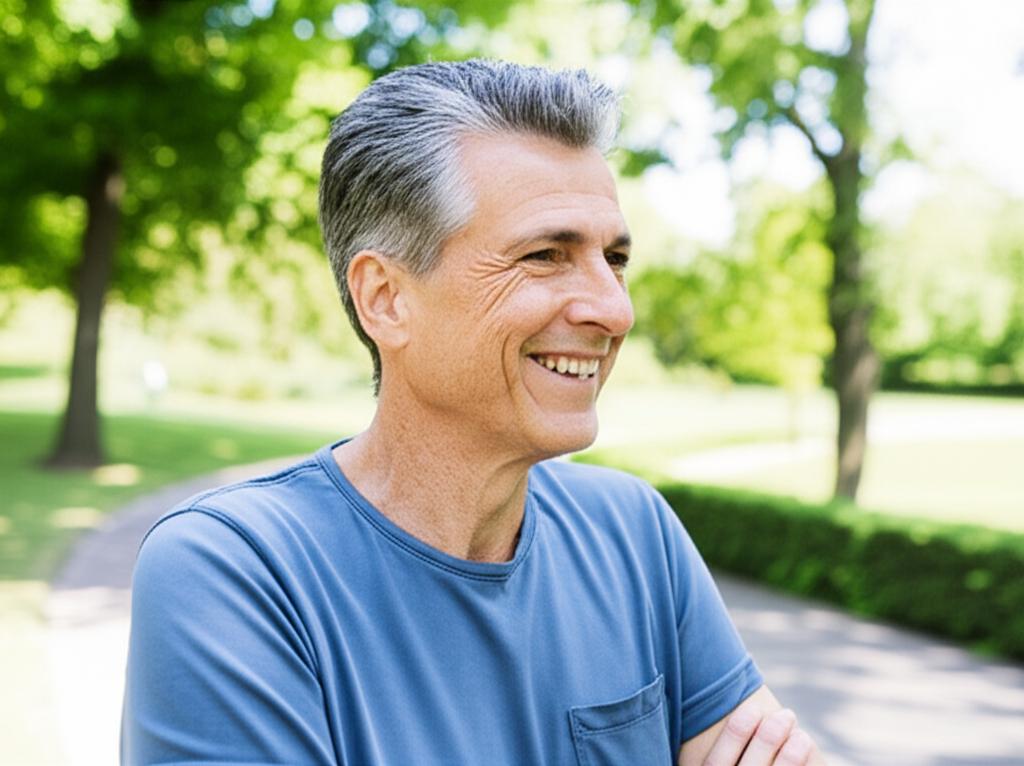 A smiling middle-aged man looking refreshed and energetic during the day, enjoying a walk in a park.