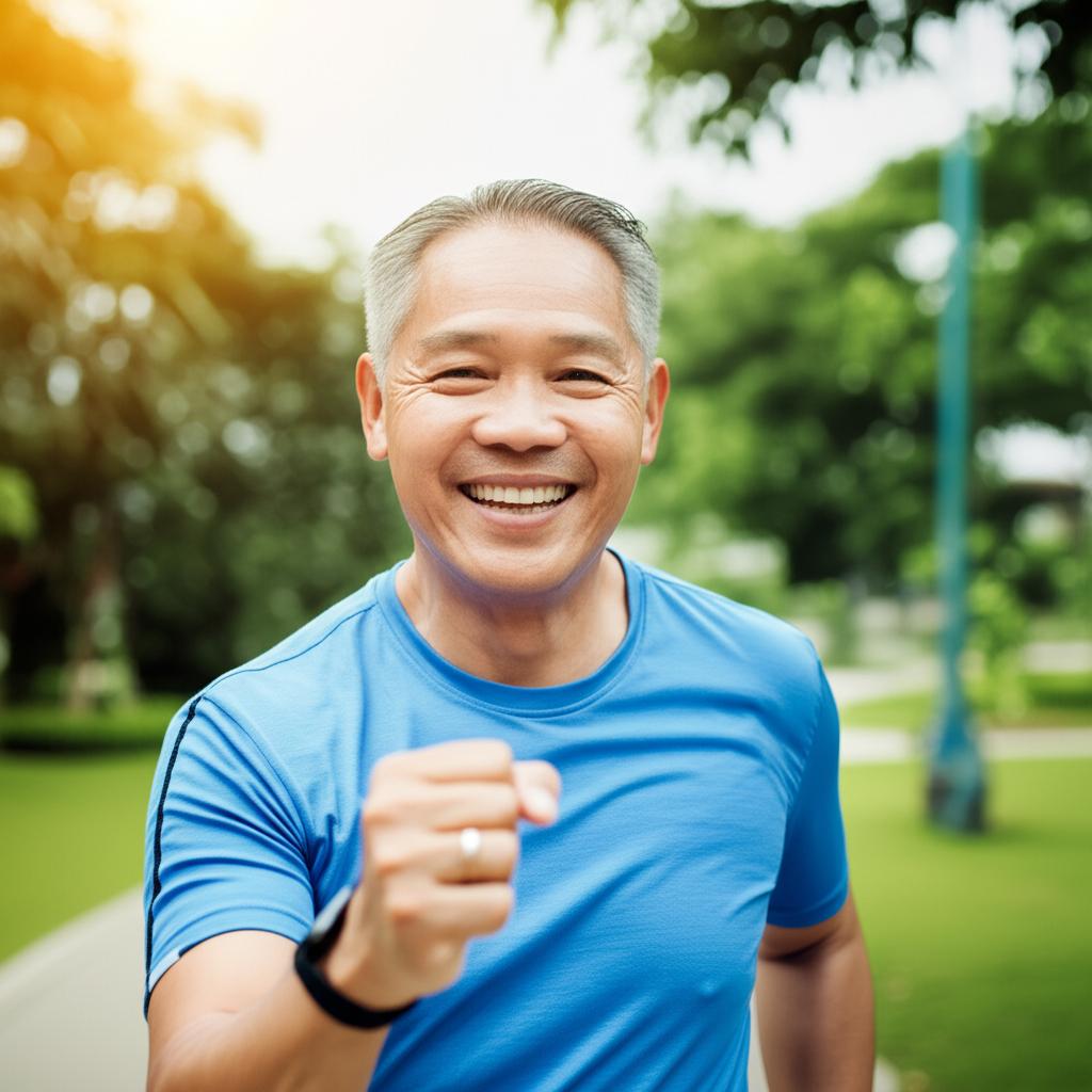 AI prompt: Realistic photo of a smiling, energetic middle-aged man from Singapore enjoying a morning walk outdoors, sun is shining, conveying vitality