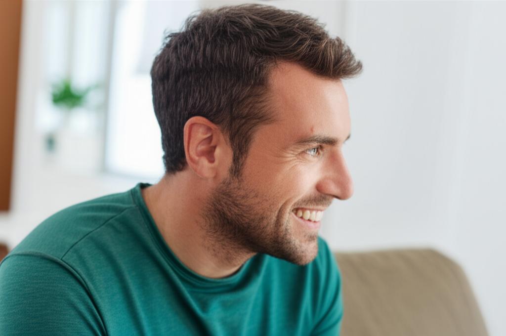 Man looking energetic and happy after intimacy, smiling and relaxed, feeling confident