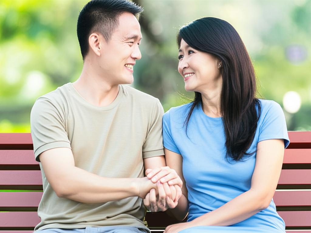 Middle-aged Asian couple looking happy and relaxed together, possibly holding hands or smiling at each other, conveying restored intimacy and happiness.