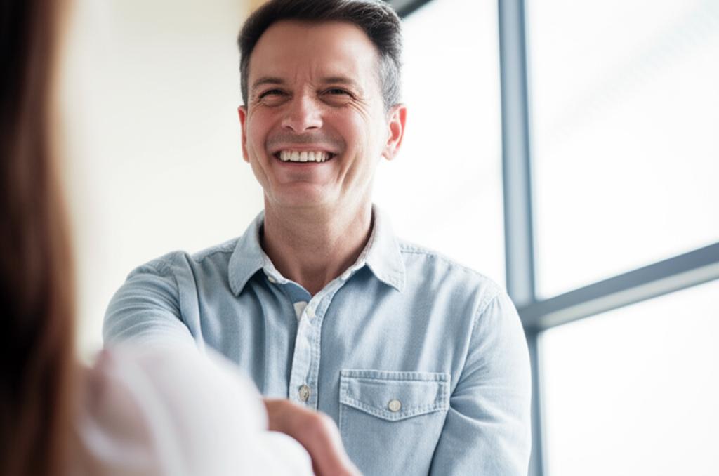 Prompt for AI image: A man in his late 40s looking energetic and confident, perhaps shaking hands with his partner or smiling warmly at her, in a bright, positive indoor setting in Singapore.