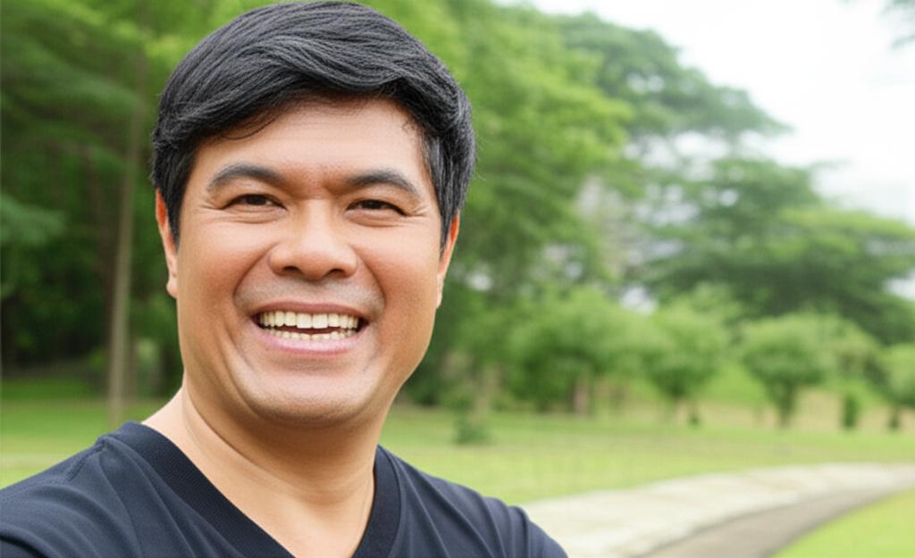 AI prompt: Middle-aged Asian man smiling confidently, looking energetic, natural light, Singapore park background, realistic photo