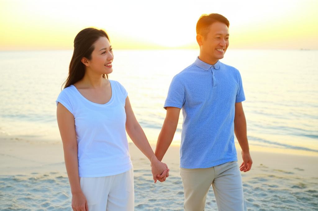 AI prompt: A smiling middle-aged Asian couple holding hands on a beach at sunset, looking happy and relaxed, realistic photo