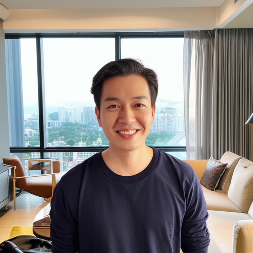 Man smiling confidently, looking energetic, in a modern Singapore apartment setting