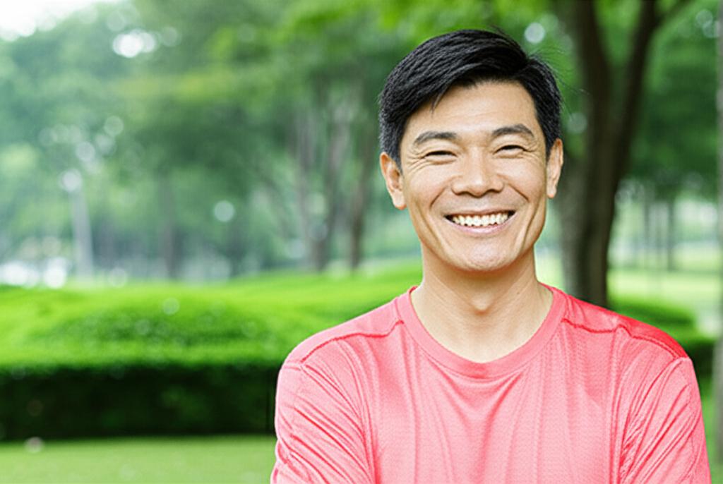 Confident middle-aged Asian man smiling, looking healthy and vibrant, perhaps in a natural setting like a park in Singapore.
