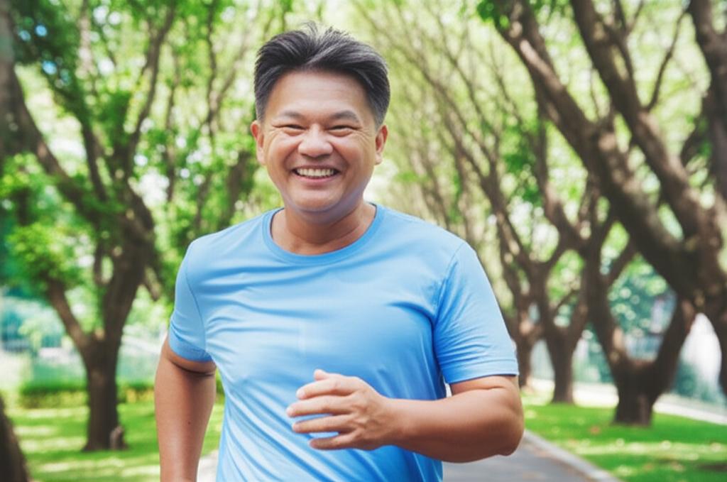 A middle-aged Asian man looking energetic and happy, perhaps exercising or enjoying an outdoor activity in Singapore. Bright, natural light. AI art prompt: 