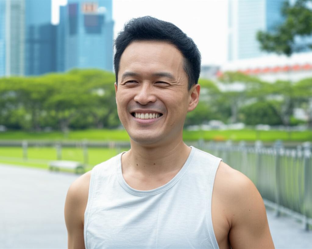 Realistic photo of a confident and happy man in Singapore, looking relaxed and healthy, maybe exercising or enjoying nature