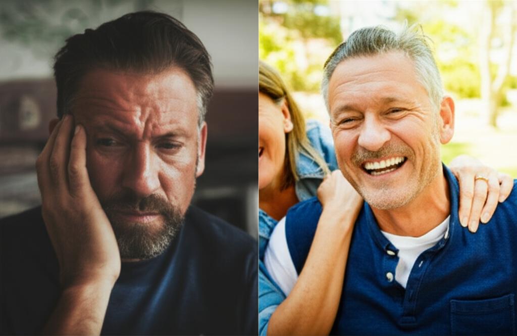 Split image showing a tired middle-aged man on one side and the same man looking energetic and happy, perhaps spending quality time with family or partner, on the other side.