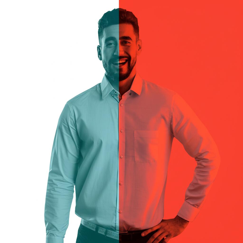 Split image showing a man looking dejected on one side and confident and energetic on the other