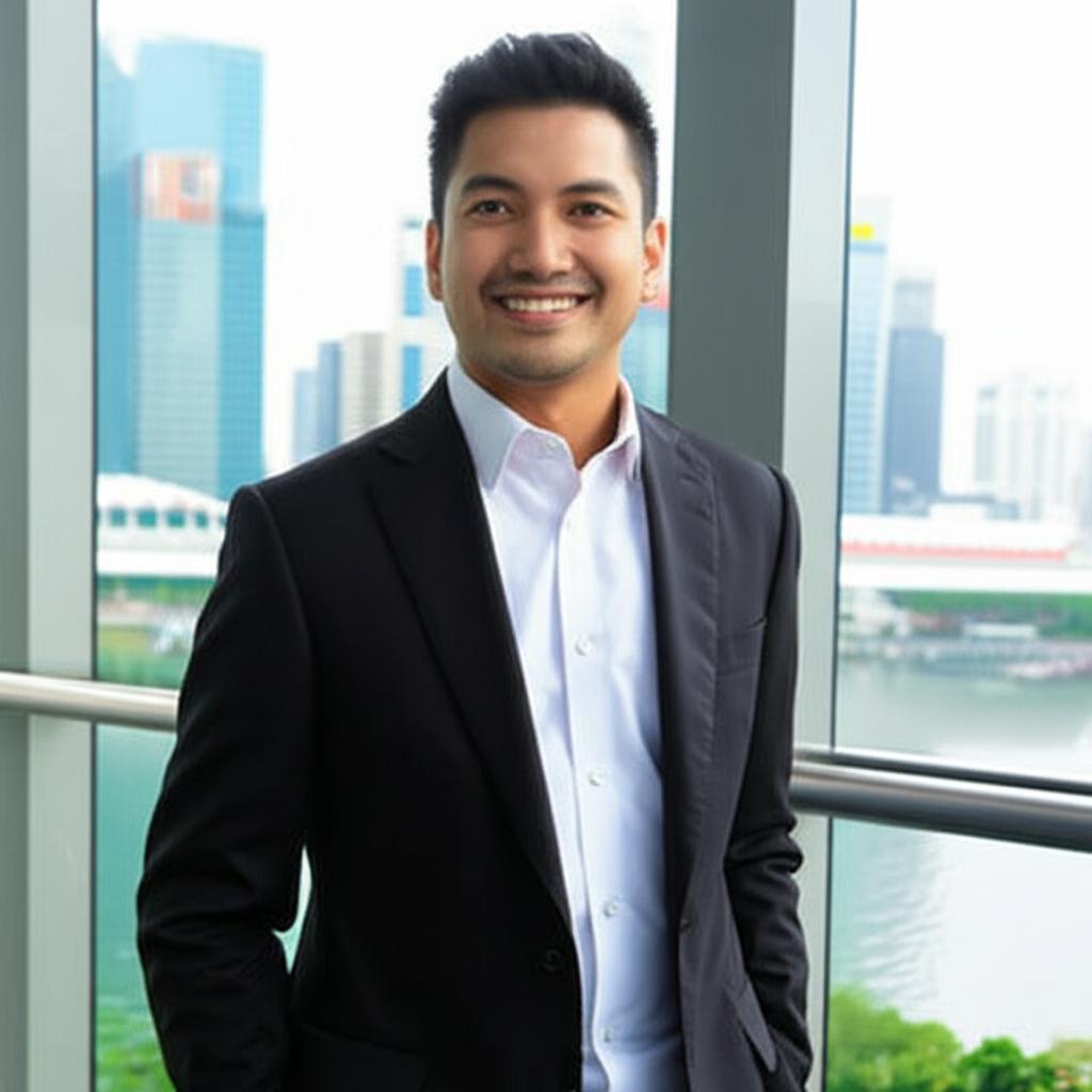 A man smiling confidently, looking energetic and happy, in a modern Singapore setting, realistic photo