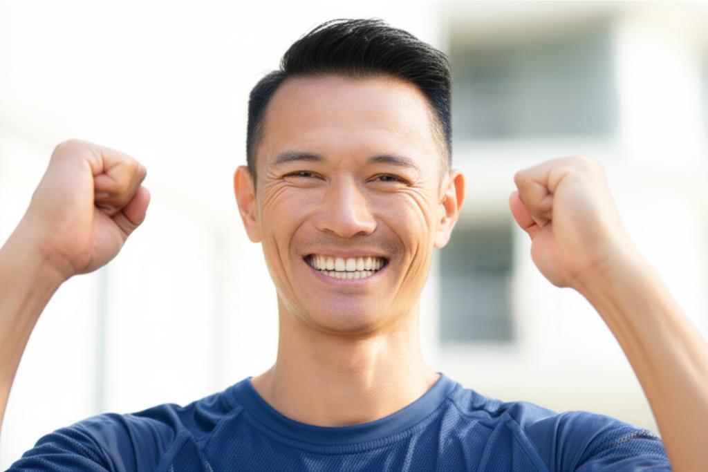 AI prompt: Realistic image of a middle-aged Asian man smiling confidently and energetically, perhaps outdoors or in a bright, modern setting. Conveying health and vitality.