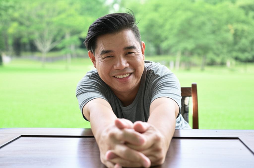 AI prompt: A confident and happy Asian man in his 40s smiling and looking relaxed, perhaps doing a light stretching exercise or enjoying a healthy meal in a sunny Singapore setting, representing improved well-being and vitality.