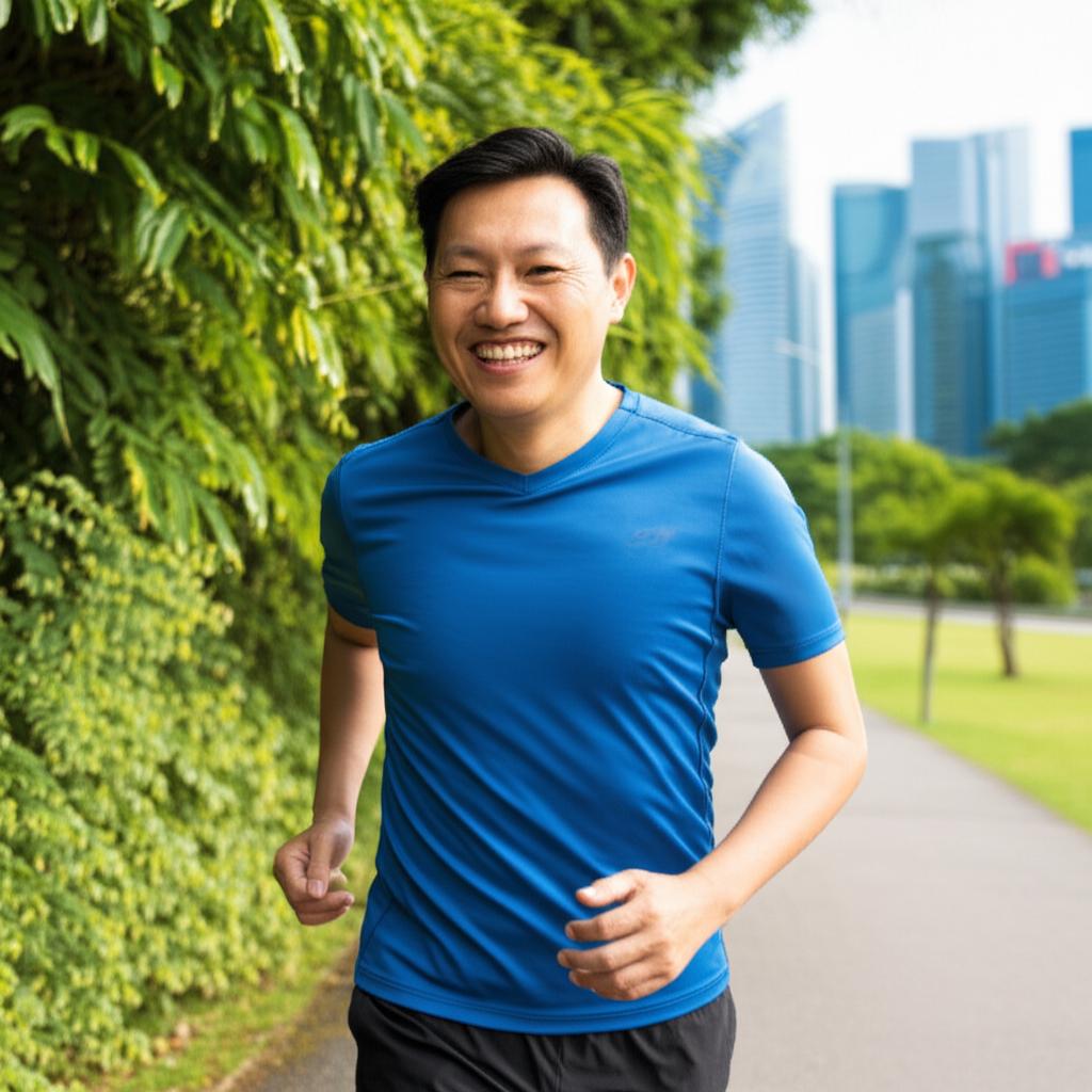 AI prompt: A confident and energetic Asian man in his late 40s smiling and looking healthy, perhaps jogging or enjoying outdoor activity, sunny day in Singapore, realistic photo quality