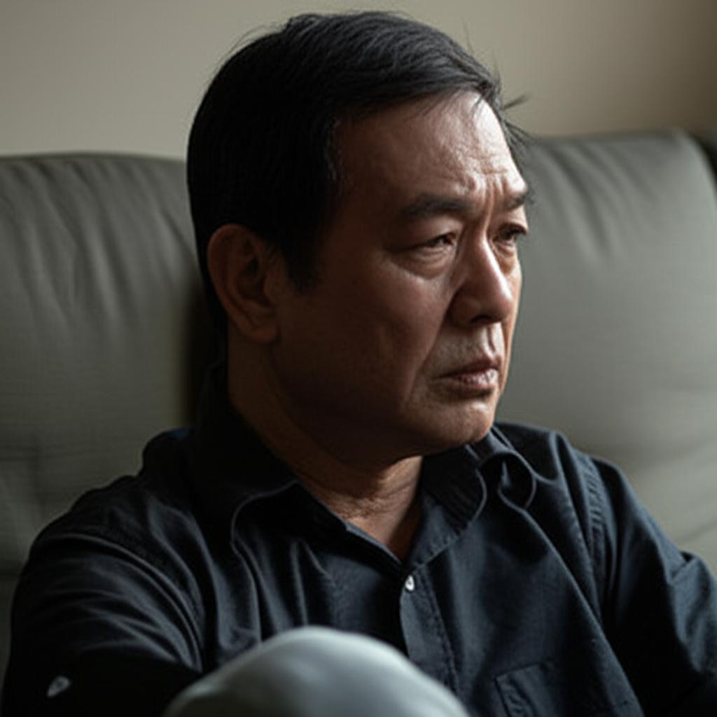A middle-aged Asian man sitting on a sofa looking contemplative and slightly tired, realistic photo, soft lighting