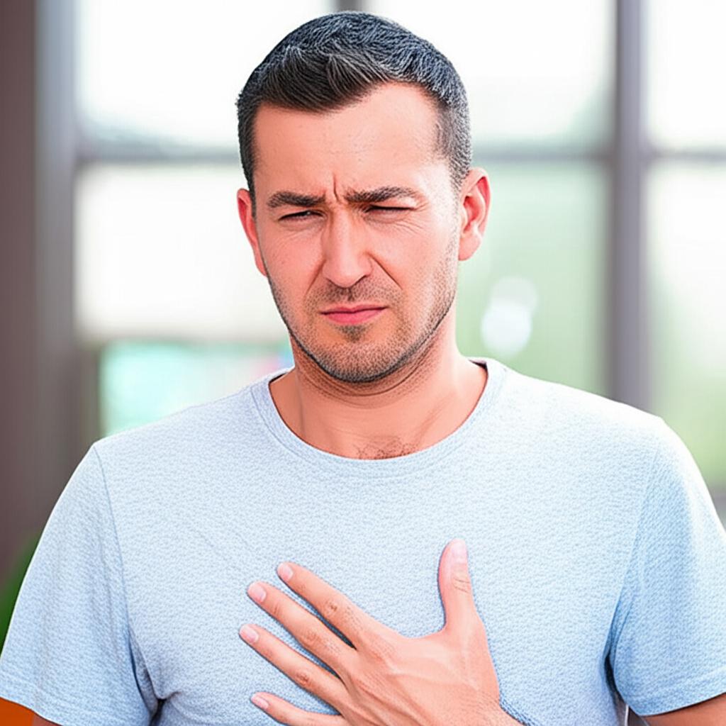 Man looking concerned about his heart, maybe holding chest lightly, blurred background