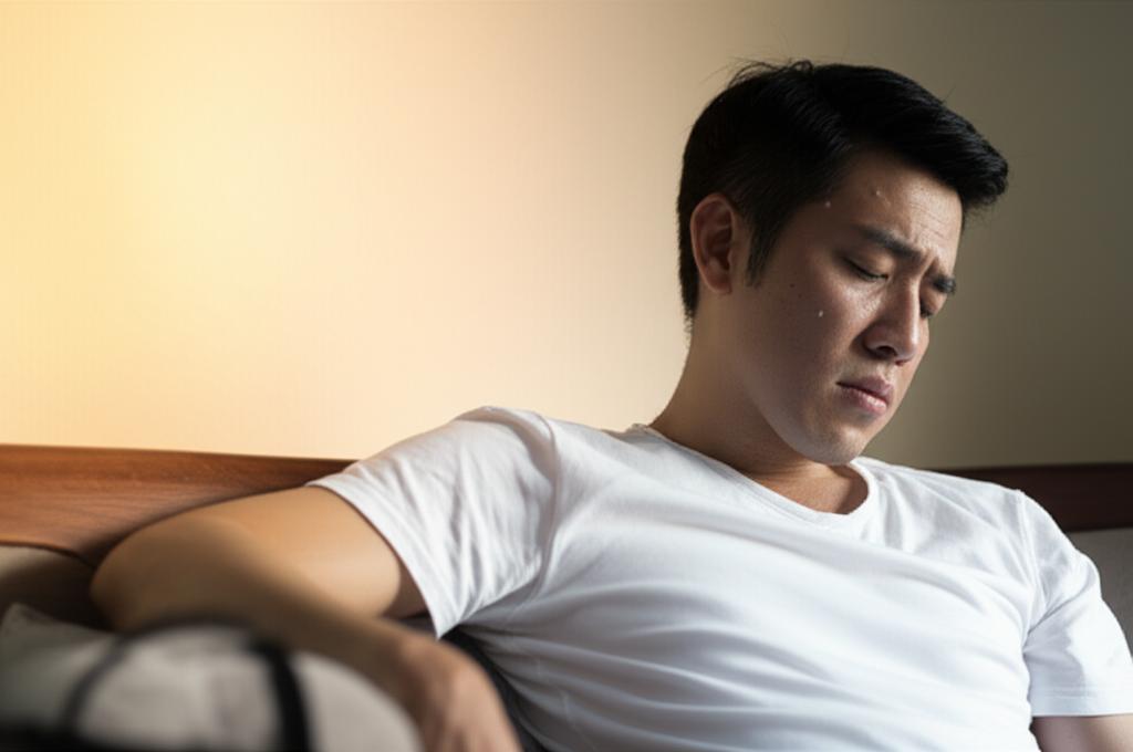 AI prompt: A man in Singapore looking tired and slightly dizzy, sitting on a sofa after an intimate moment, with a faint headache visible in his expression. Soft, slightly warm lighting.