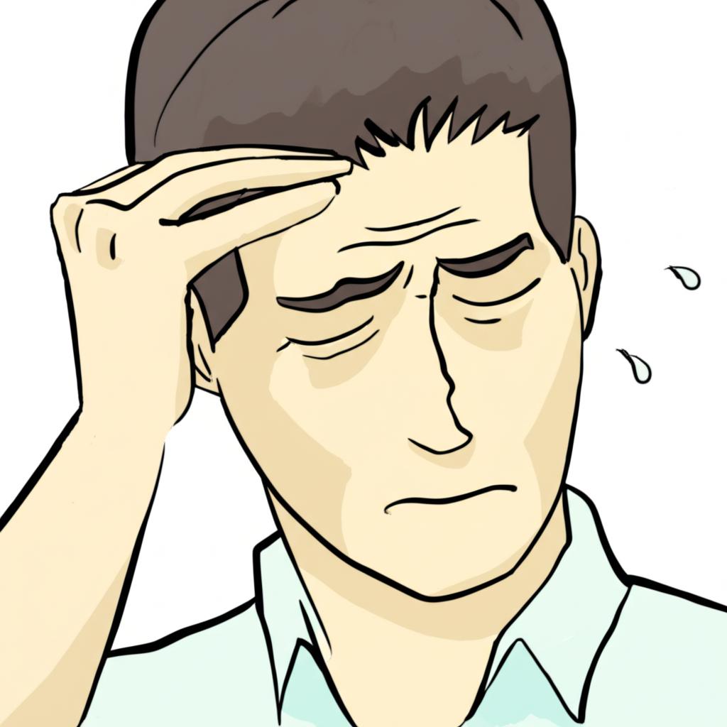 Illustration of a man looking tired and holding his head, representing dizziness and fatigue