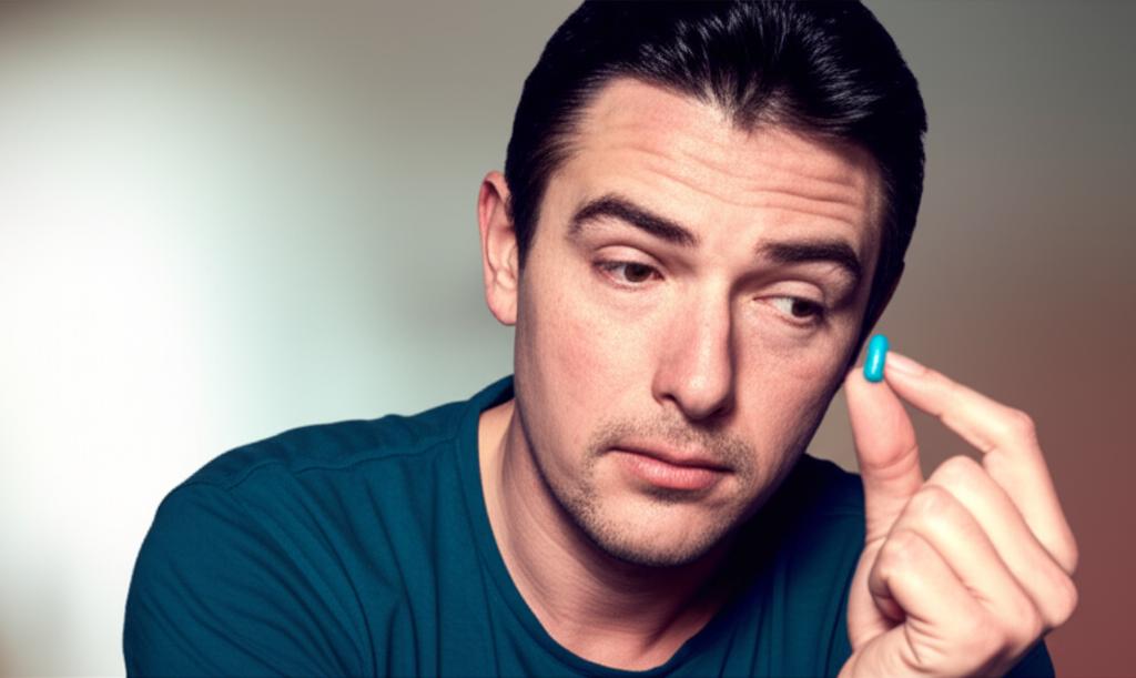 A man looking reflective and slightly weary, holding a blue pill, with a background suggesting fading energy or time passing.