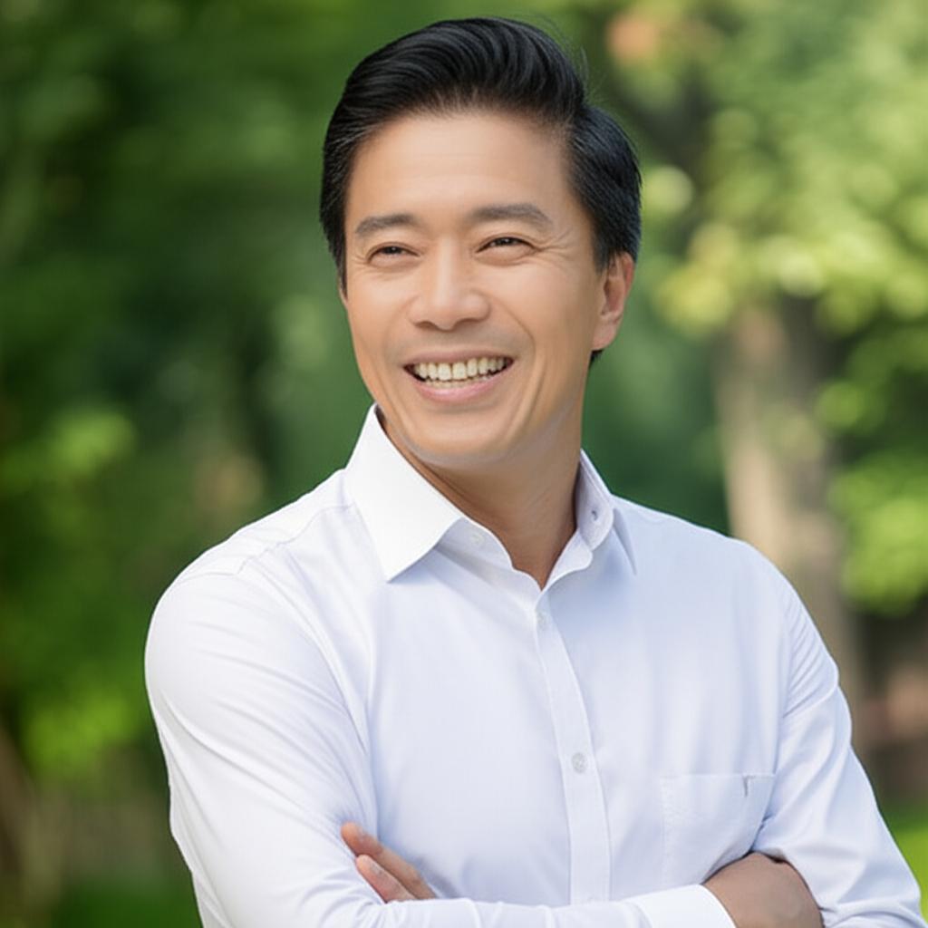 A smiling middle-aged Asian man looking energetic and confident, perhaps in a park or enjoying a hobby, realistic photo