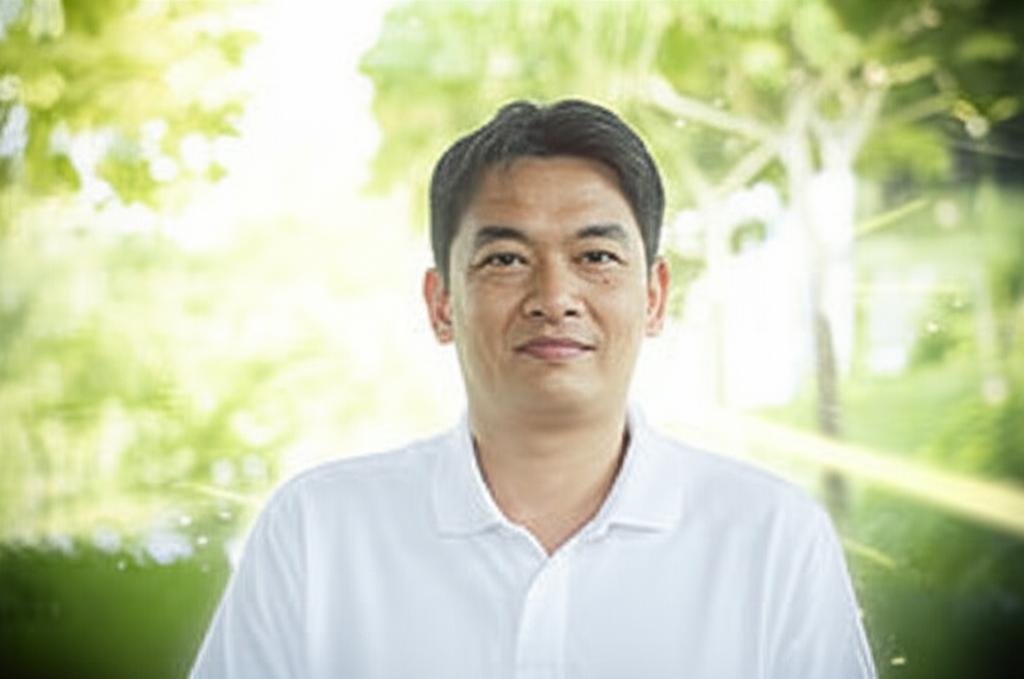Man looking relaxed and confident, maybe in a park in Singapore, subtle vitality aura