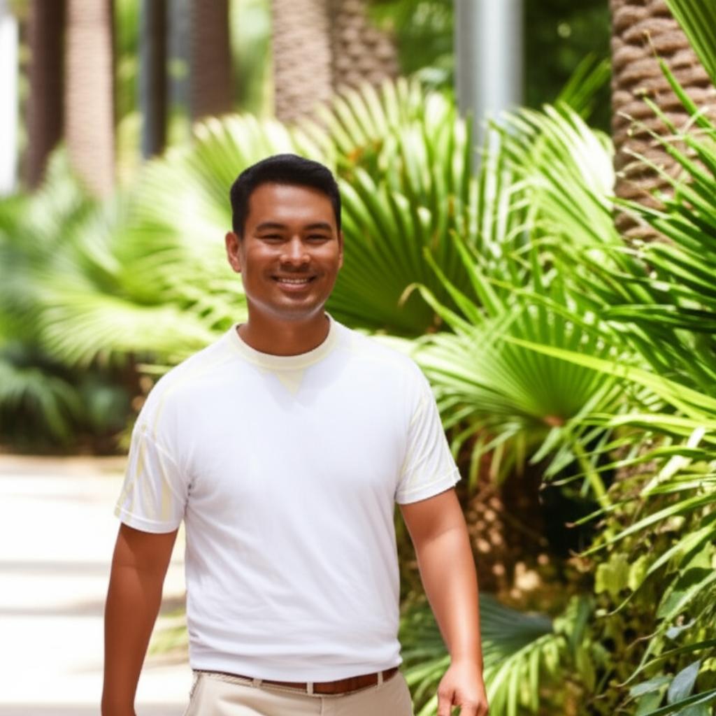 Photo of a man smiling and looking confident while walking outdoors, representing restored energy and well-being