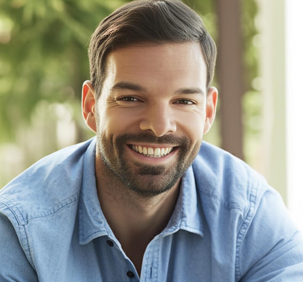 A man smiling genuinely and looking healthy and energetic, perhaps outdoors or in a relaxed home environment.